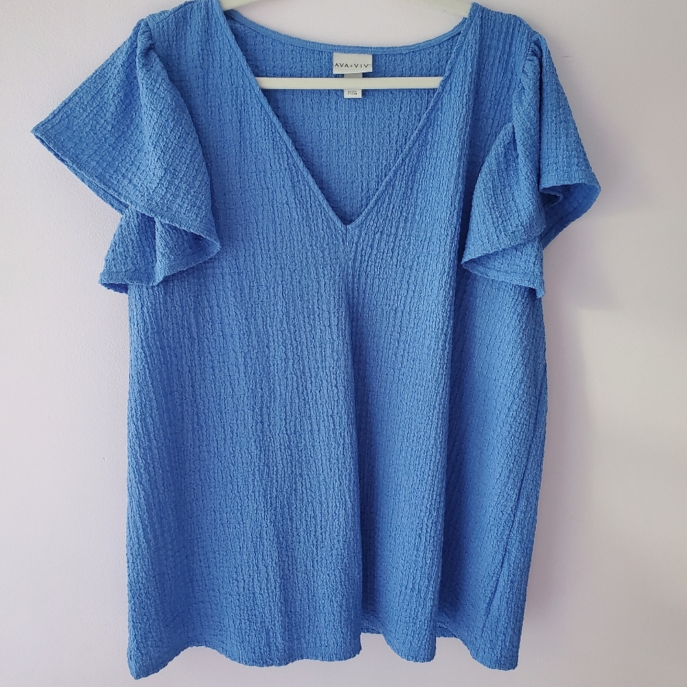 Ava & Viv Blue V-Neck Women's Top Ruffled Short Sleeve Sz 1X Casual Streetwear